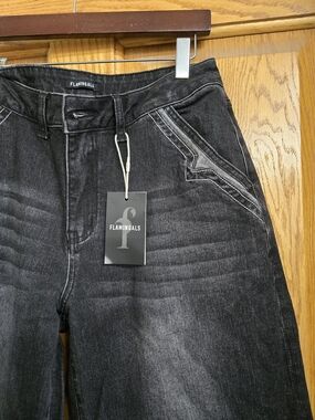 FLAMINGALS Wide Leg Black Washed Jeans